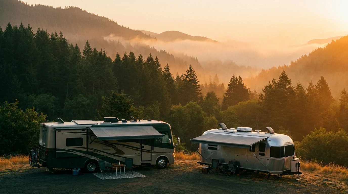 A motorhome and a travel trailer parked at a forest campsite at sunrise